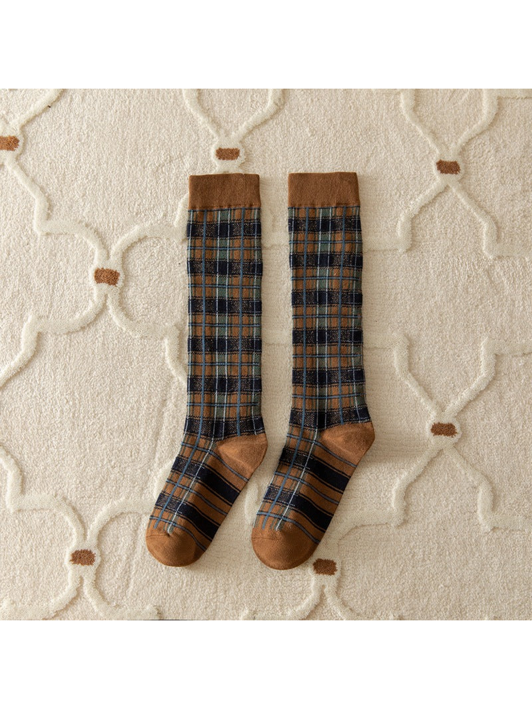 Dark Khaki plaid knee-high socks with contrasting cuffs, heels and toes