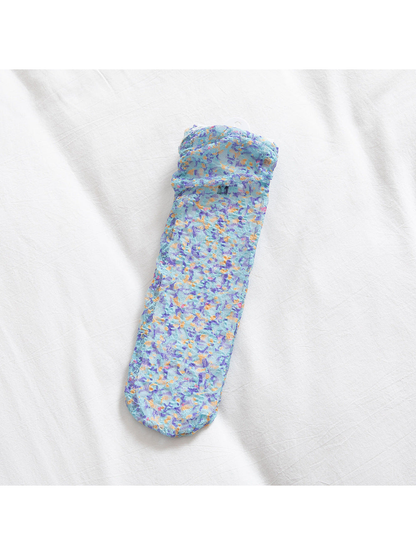 Light Blue floral lace-mesh socks, flat product view