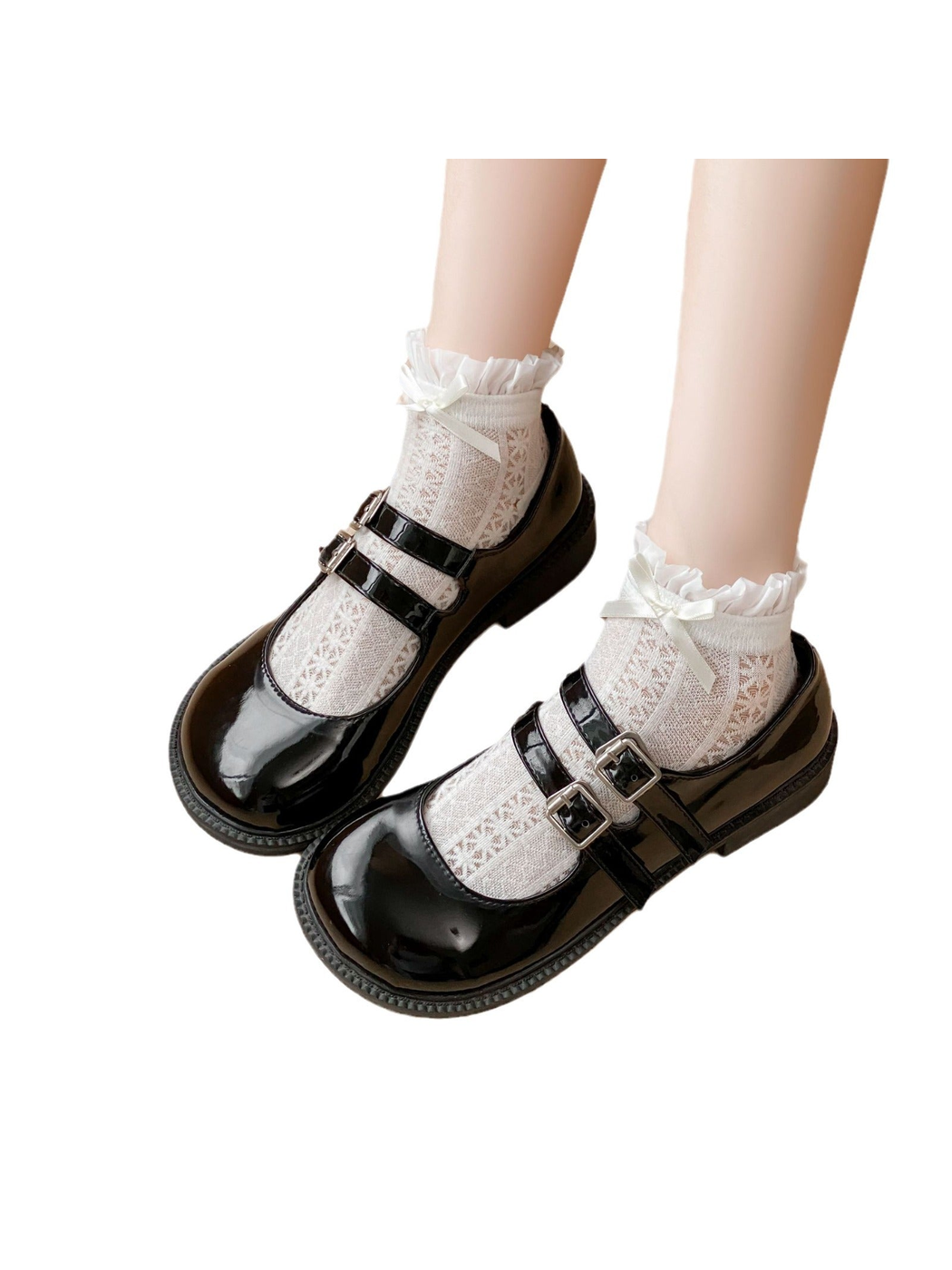 White Bow ankle socks styled with black double-strap shoes