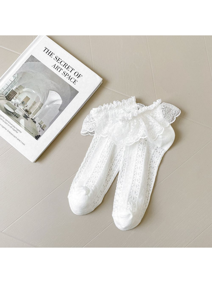 White Lace ankle socks with wide floral lace cuffs and openwork panels