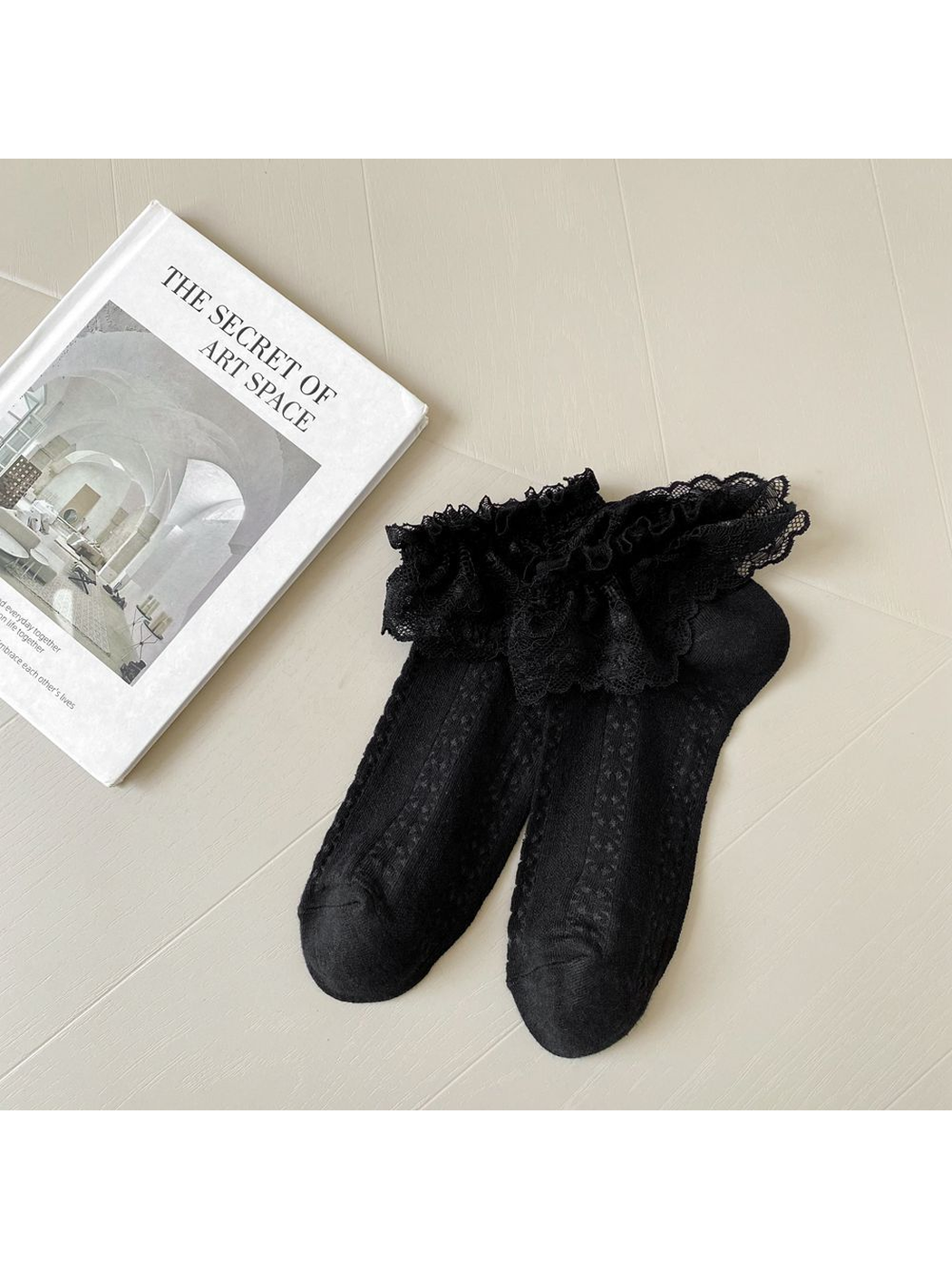 Black Lace ankle socks with wide floral lace cuffs and openwork panels