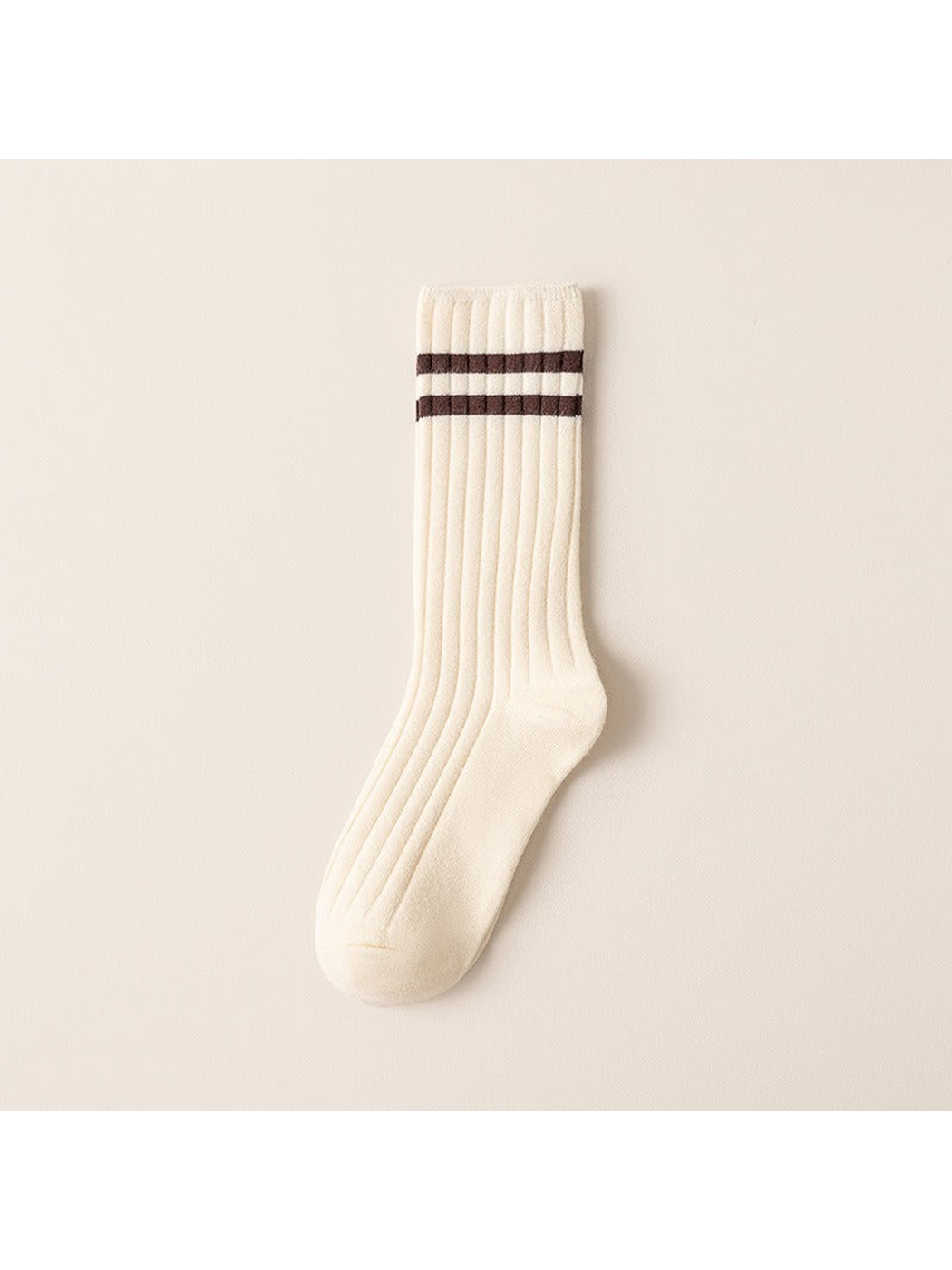 Ivory ribbed crew sock with two dark brown cuff stripes
