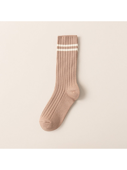 Khaki ribbed crew sock with two ivory cuff stripes