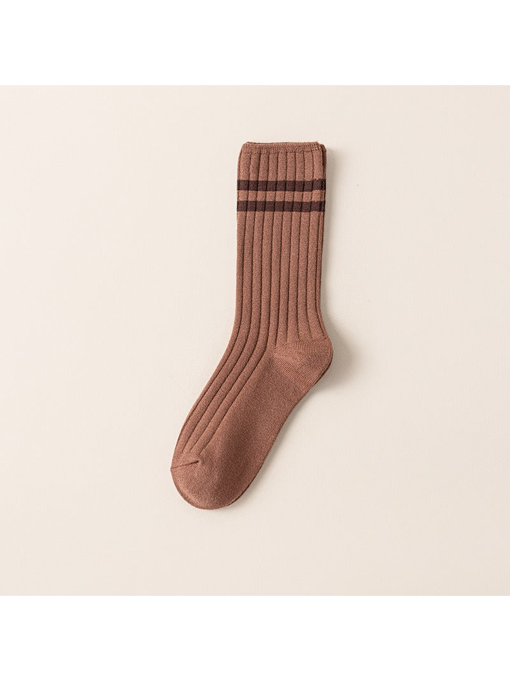 Coffee ribbed crew sock with two dark brown cuff stripes
