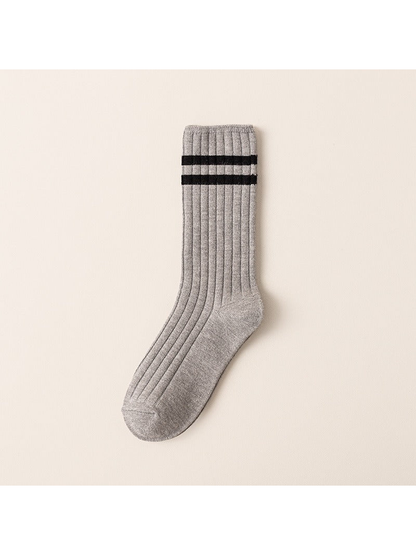 Heather Gray ribbed crew sock with two black cuff stripes
