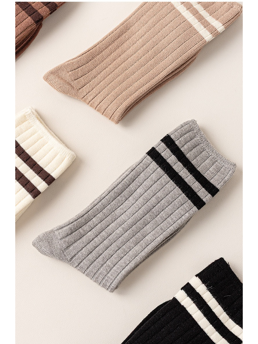 Ribbed striped crew socks in multiple colors arranged together