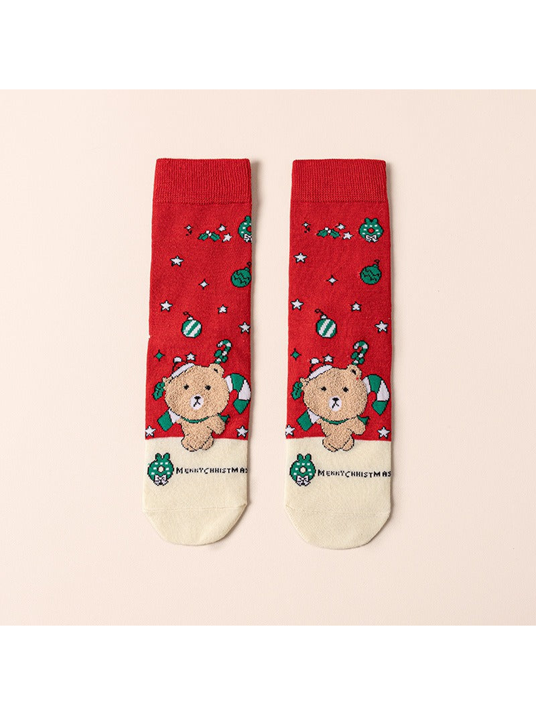 Red Bear holiday socks with cream toes, front view