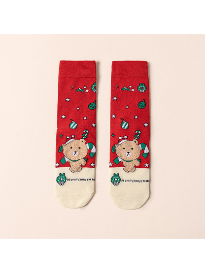 Red Bear holiday socks with cream toes, front view