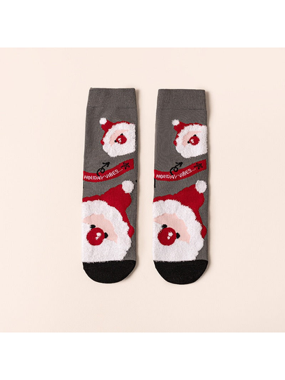 Gray Santa holiday socks with black toes, front view