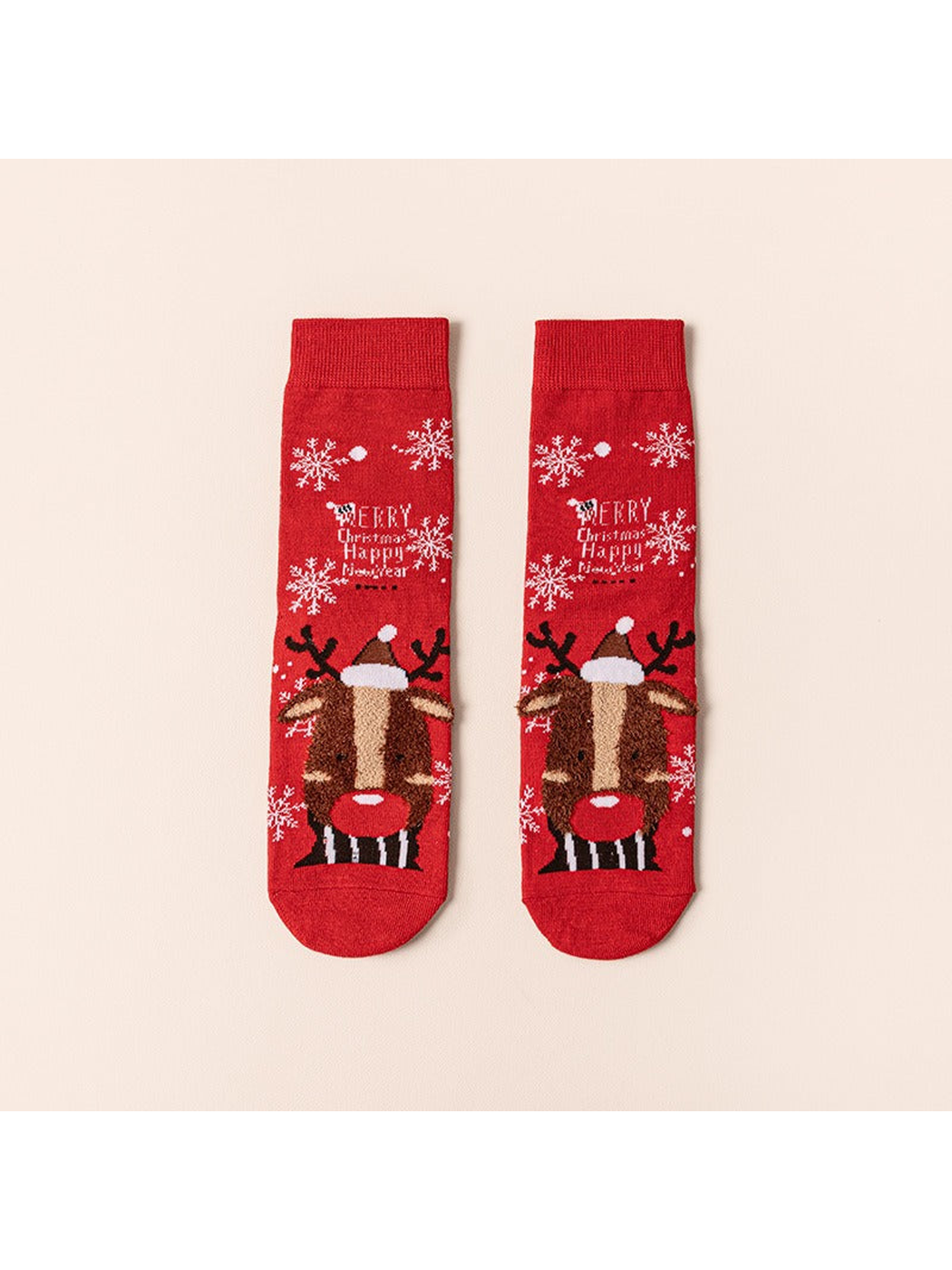 Red Reindeer holiday socks with snowflake pattern, front view