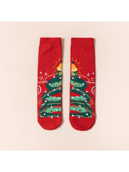 Red Tree holiday socks with green tree motif, front view