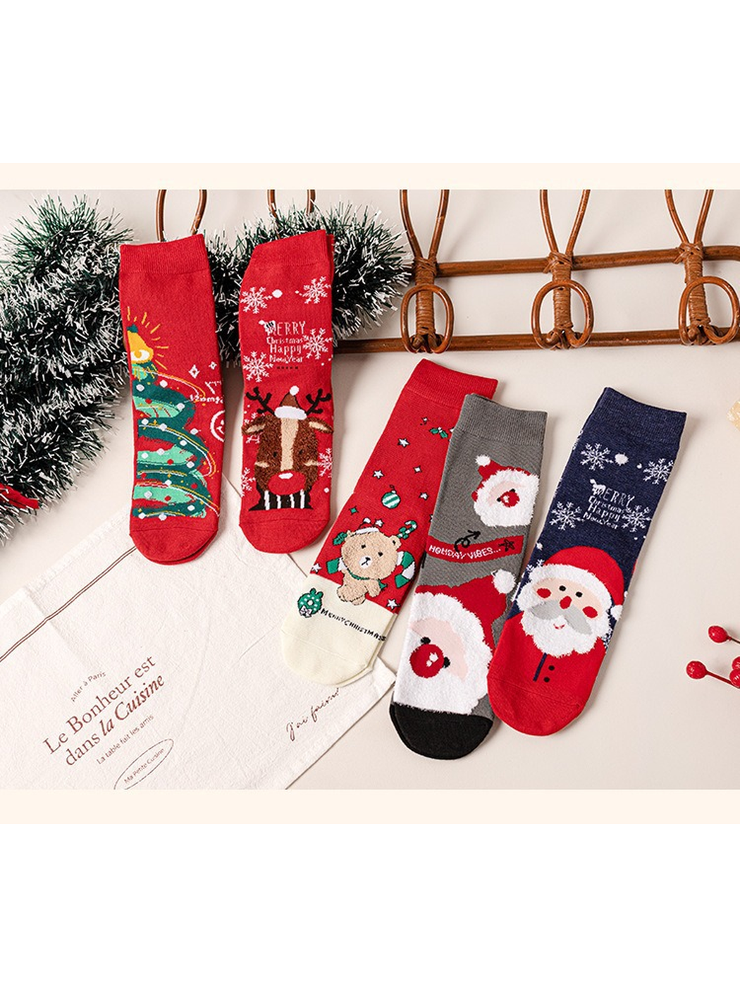 Five holiday sock styles arranged together