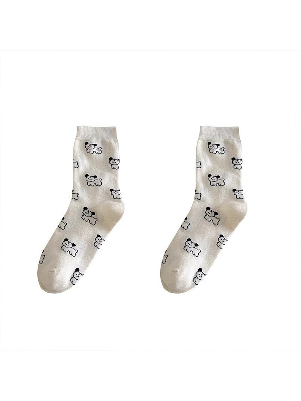 Ivory dog-pattern crew socks on a white background