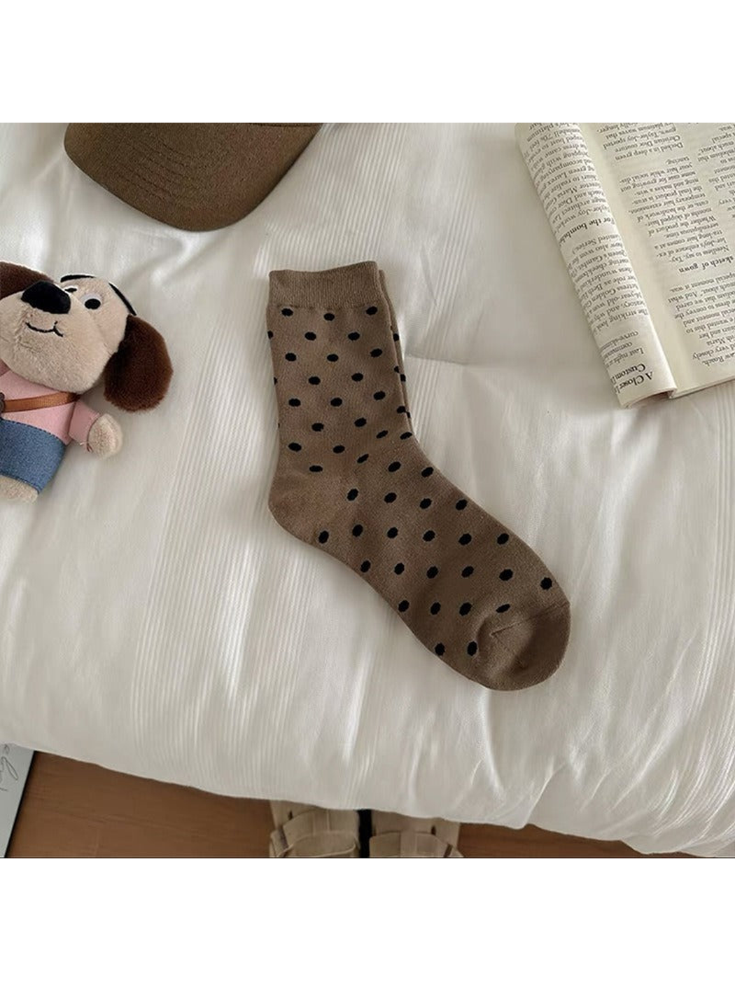 Coffee Dots crew sock with black polka dots and ribbed cuff