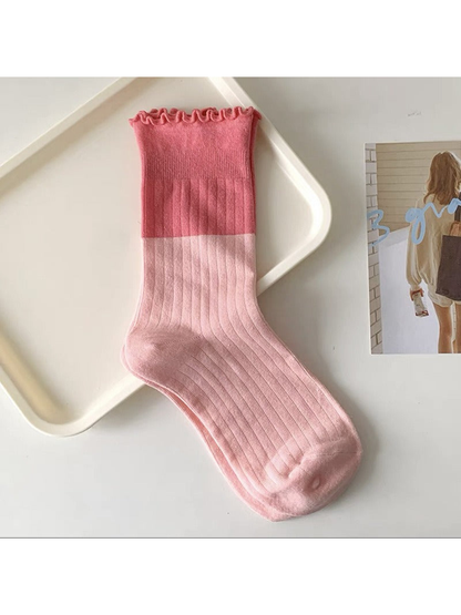 Rose Pink two-tone ribbed crew sock with a ruffled cuff