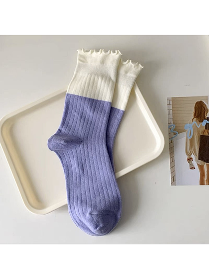 Purple and ivory two-tone ribbed socks with ruffled cuffs