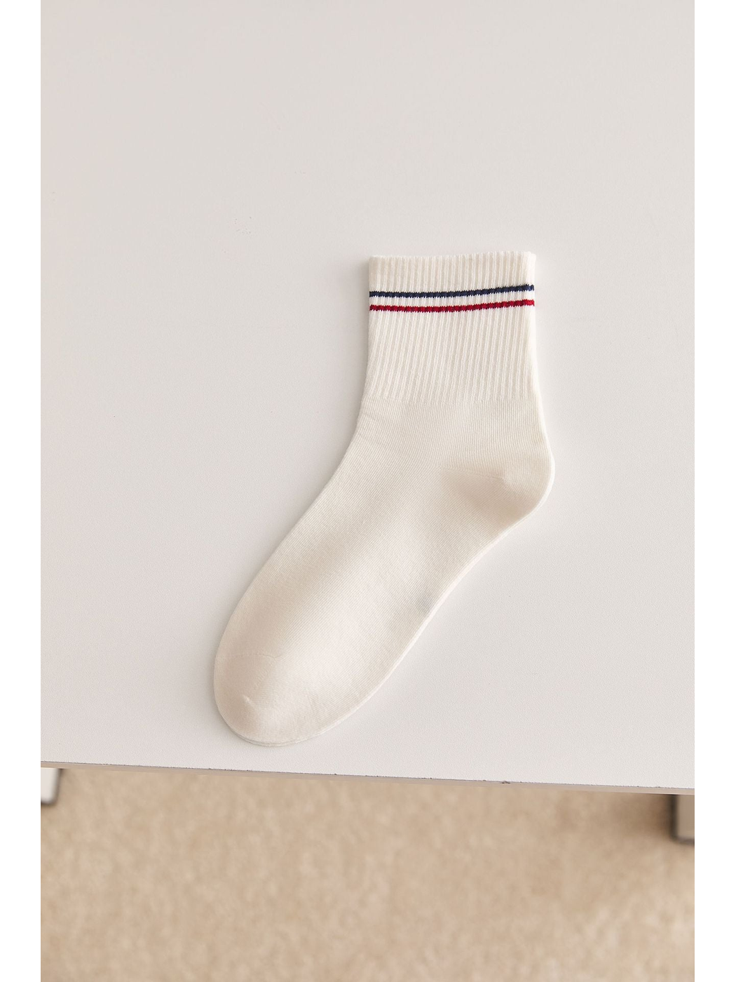 Ivory Double Stripe crew sock, side view