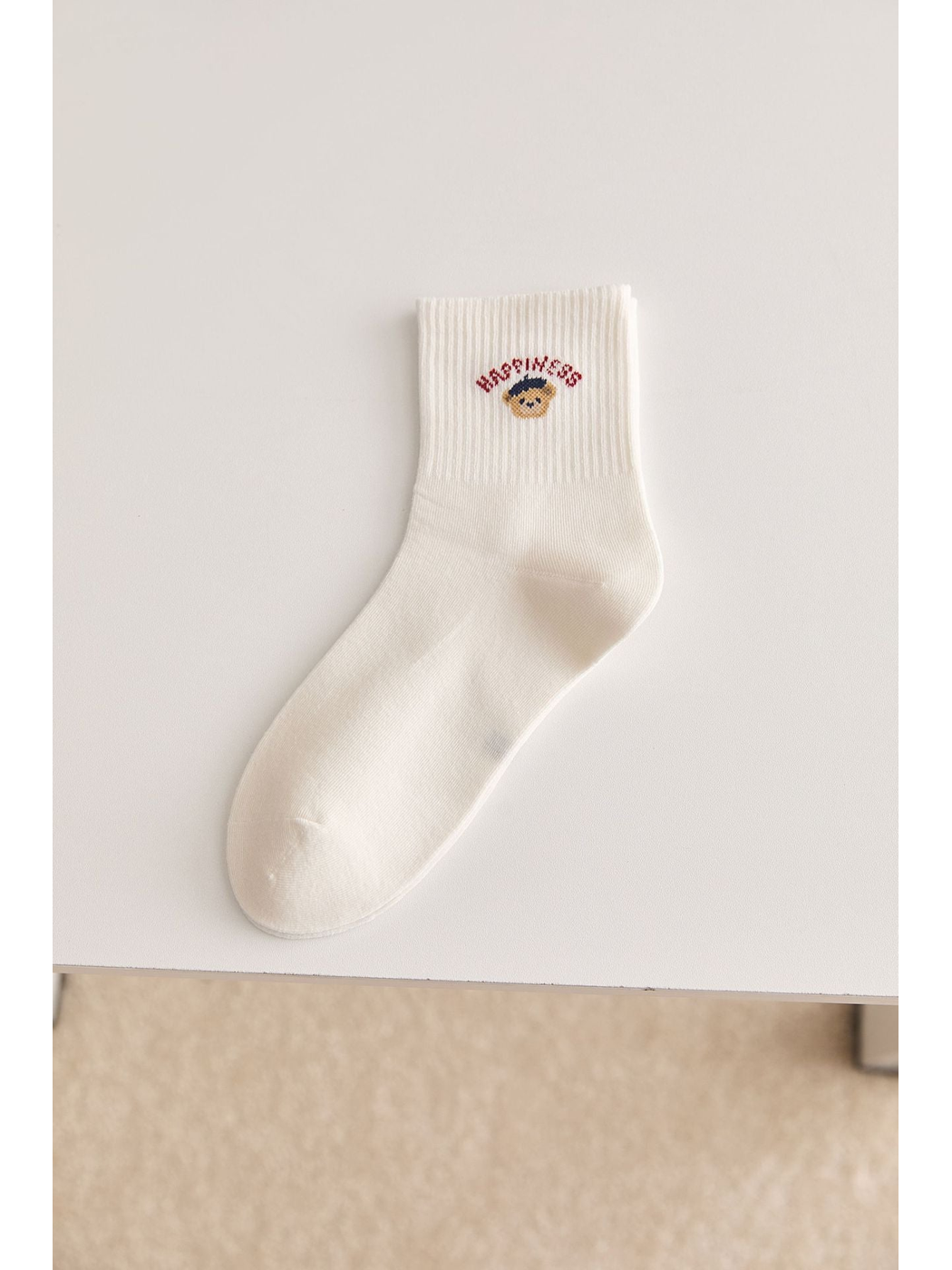 Ivory Happiness Bear crew sock, side view