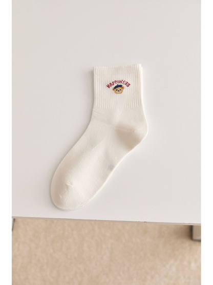 Ivory Happiness Bear crew sock, side view
