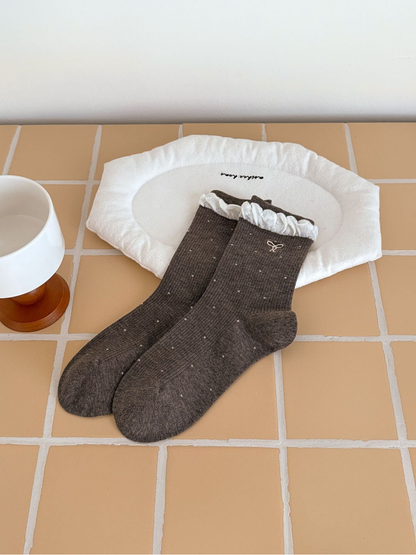 Dark Coffee dotted socks with embroidered bow and white ruffled cuffs