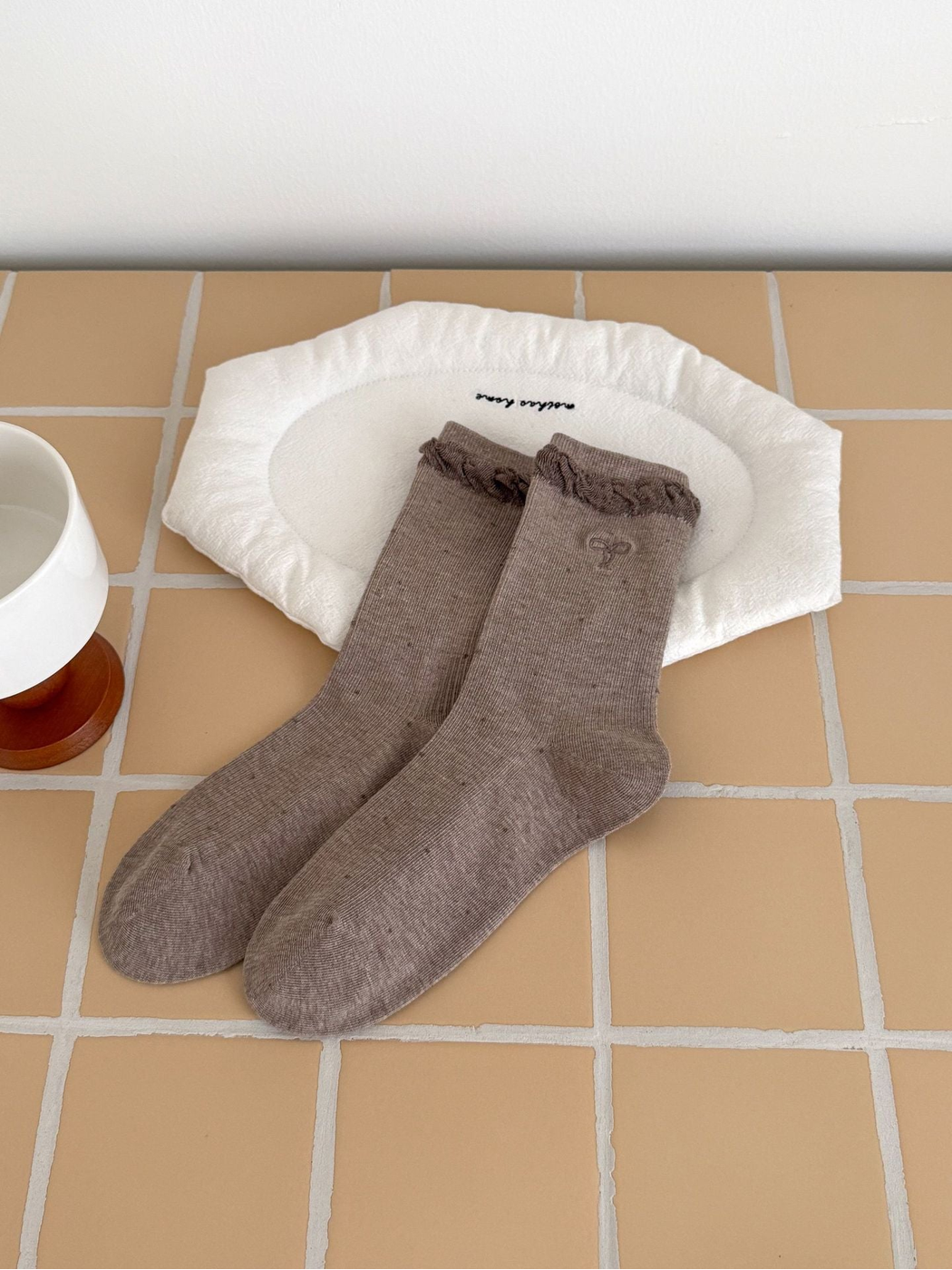 Light Coffee dotted socks with embroidered bow and ruffled cuffs