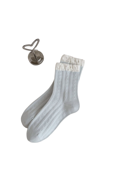 Light blue Heart Cable socks with white dotted ruffled cuffs