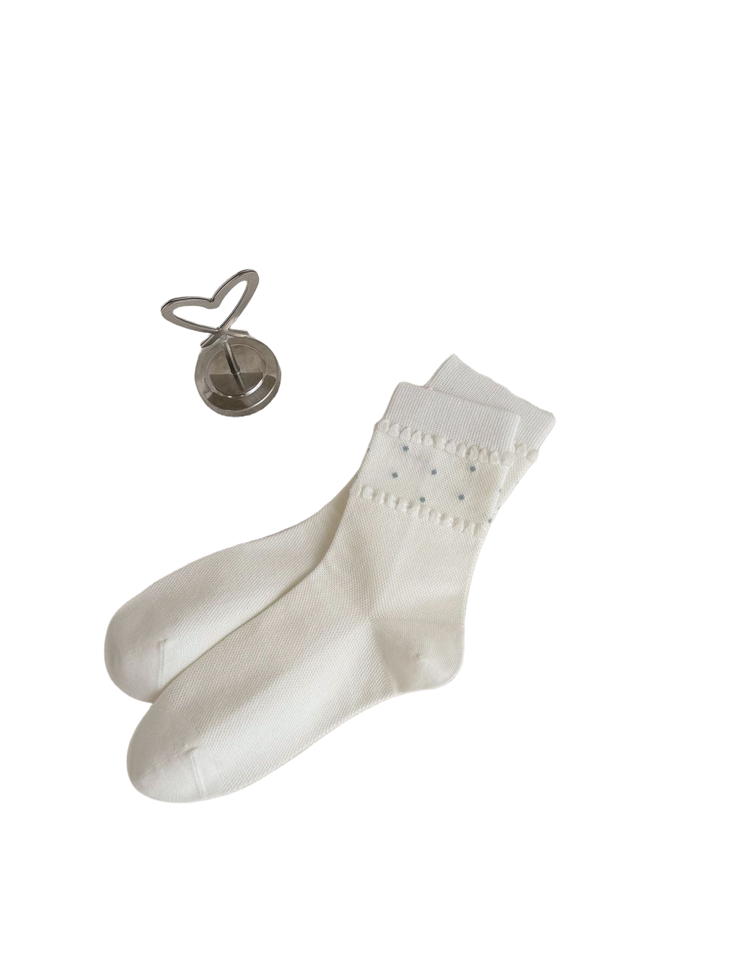 Ivory Double Loop socks with light blue dots and two looped trim bands