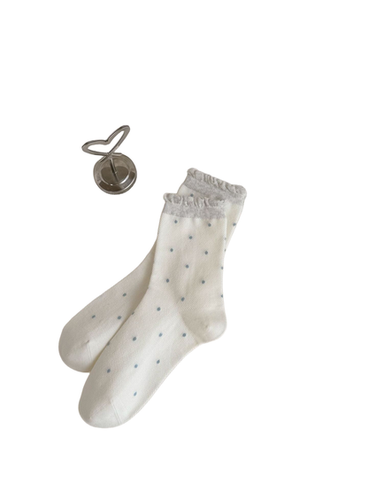 Ivory Gray Dots socks with light blue dots and gray ruffled cuffs