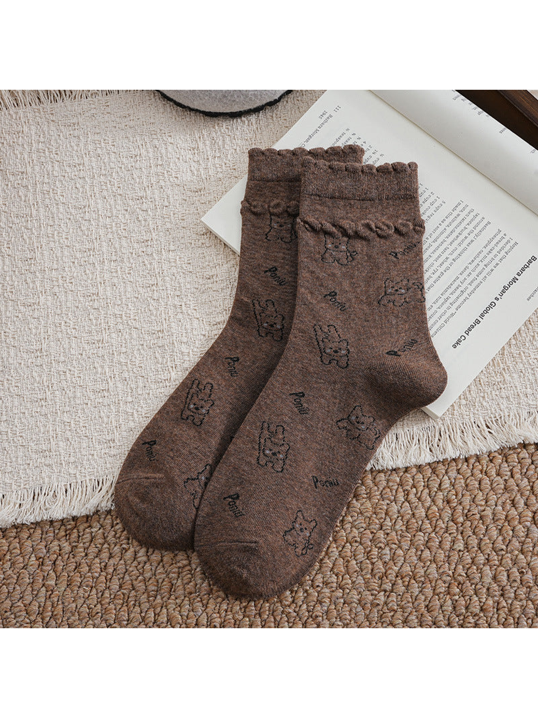 Brown crew socks with cartoon dog pattern and ruffled cuffs