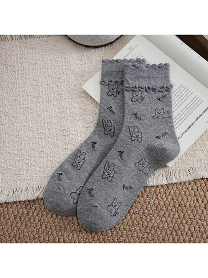 Dark Gray crew socks with cartoon dog pattern and ruffled cuffs