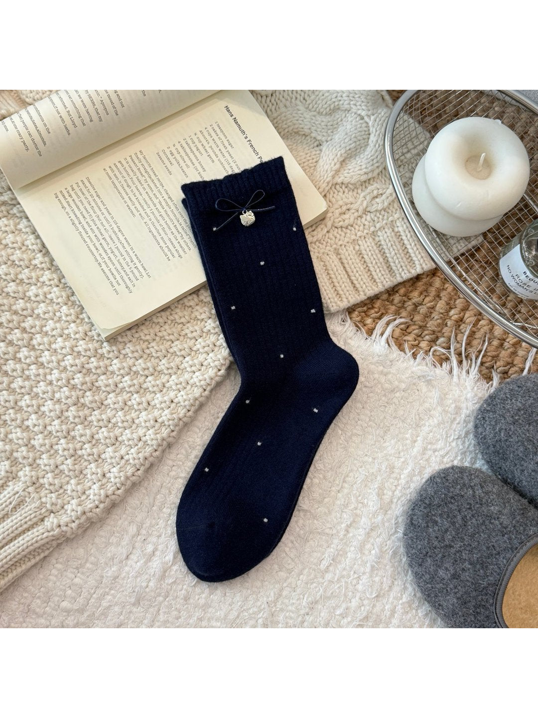 Navy Metal Charm crew sock with scattered dots and ribbon bow