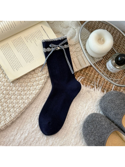 Navy Gingham Bow crew sock with ruffled cuff trim