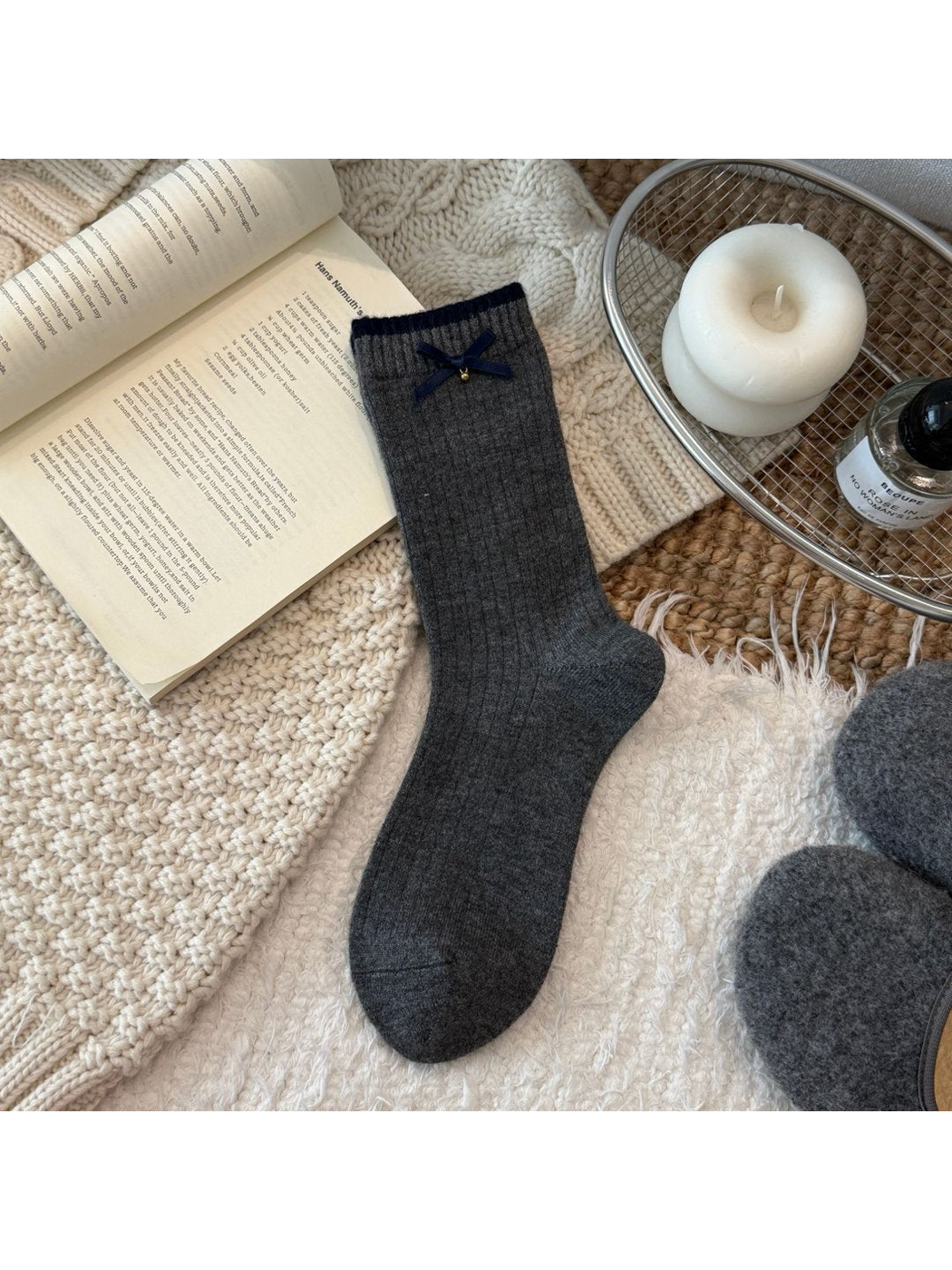 Dark gray Bead Charm crew sock with navy ribbon bow