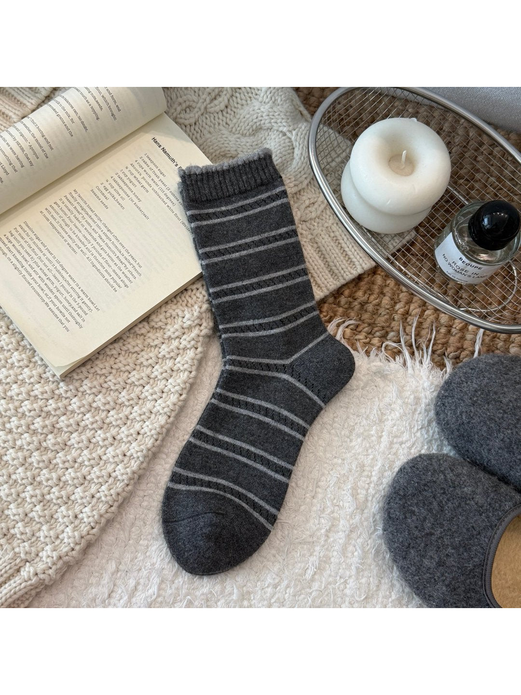 Dark gray Stripes crew sock with contrasting horizontal lines