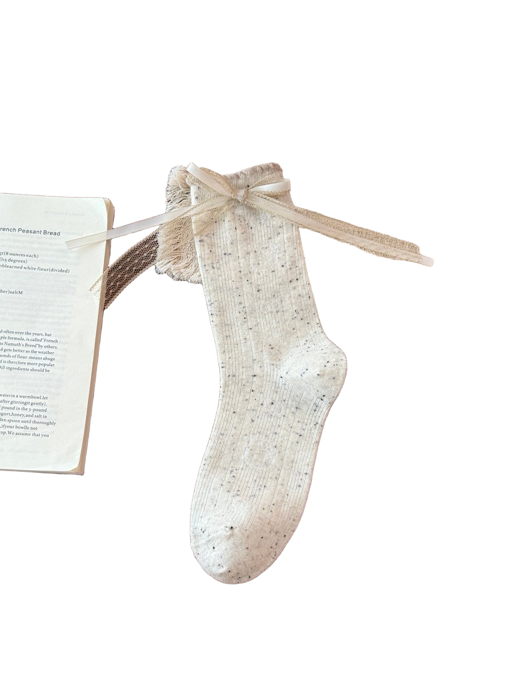 Ivory Speckles ribbed crew sock with ribbon-and-lace cuff bow