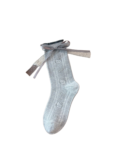 Heather Cat ribbed crew sock with cat motifs and cuff bow