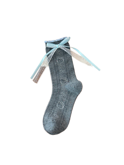 Dark Cat ribbed crew sock with cat motifs and cuff bow