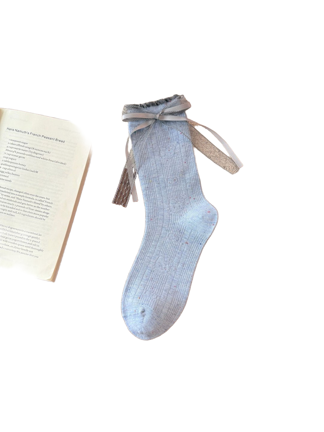 Blue Cat ribbed crew sock with subtle flecks and cuff bow