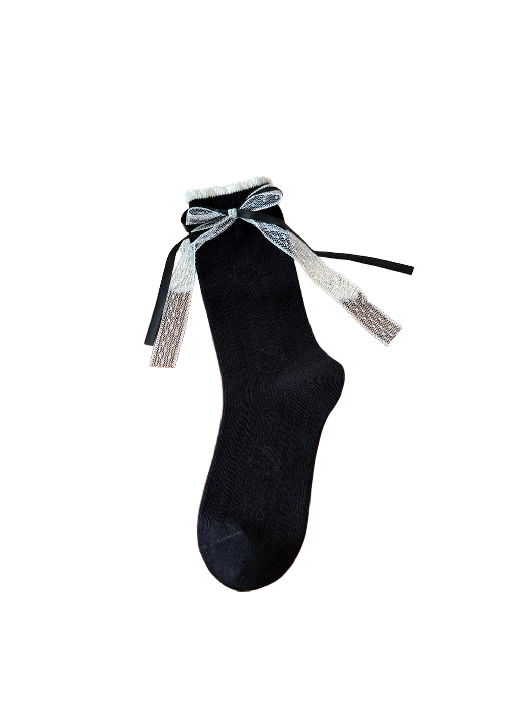 Black Bow ribbed crew sock with ribbon-and-lace cuff bow