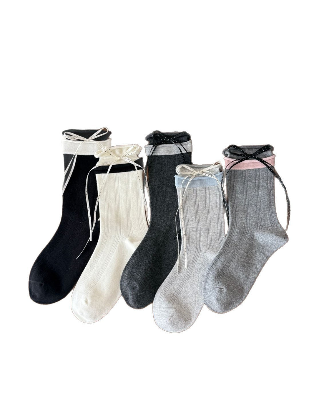 Five ribbon-bow crew sock color options displayed together
