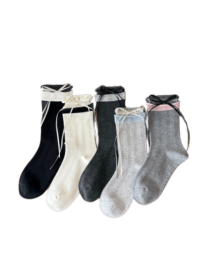Five ribbon-bow crew sock color options displayed together