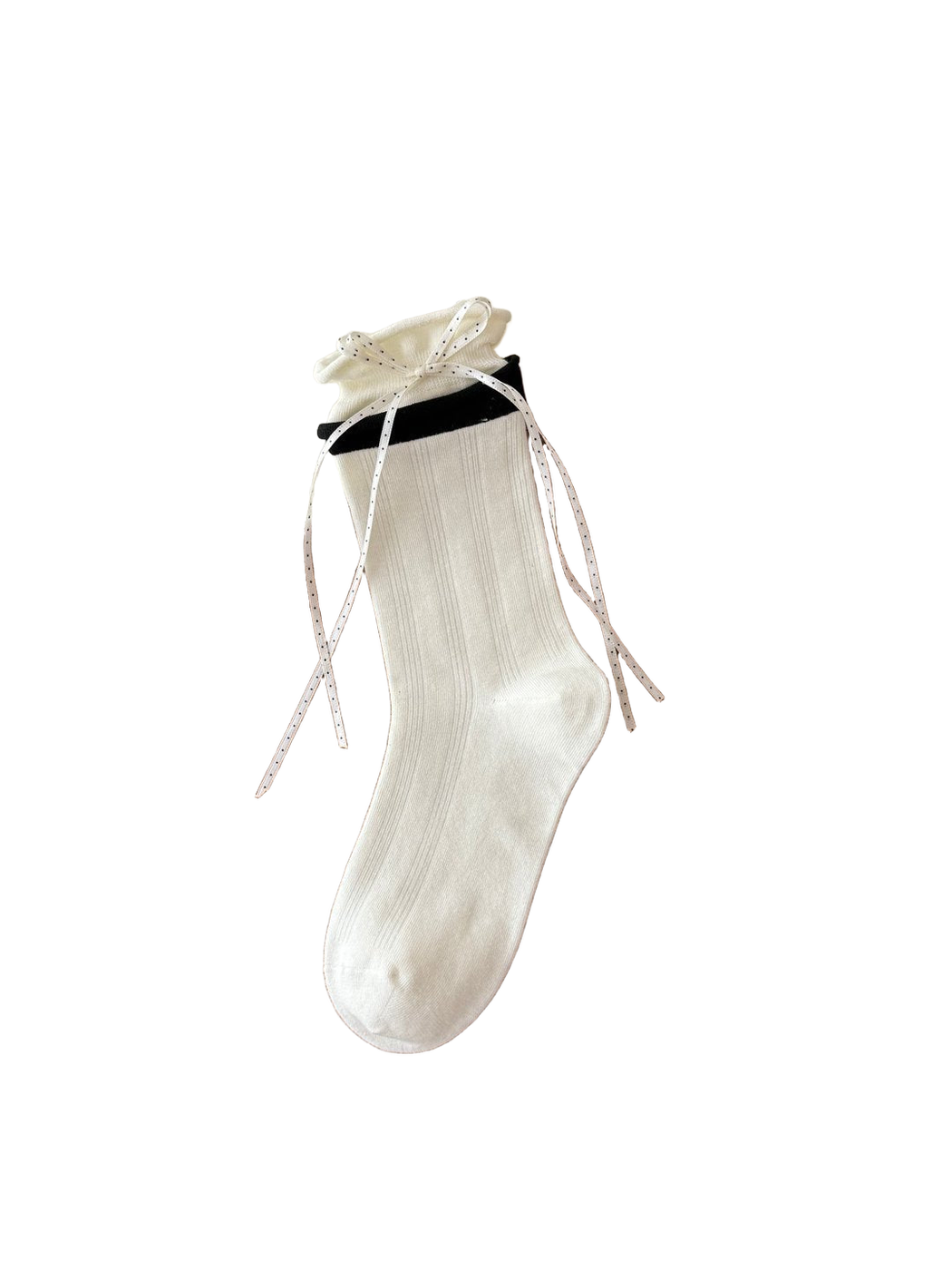 White ribbed crew sock with black cuff and polka-dot ribbon bow