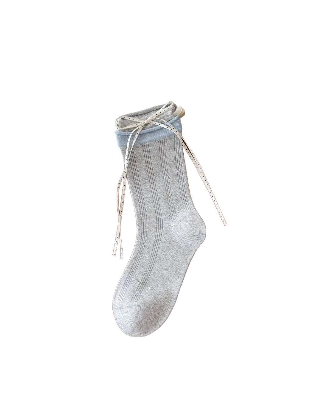 Light gray ribbed crew sock with pale blue cuff and polka-dot ribbon bow
