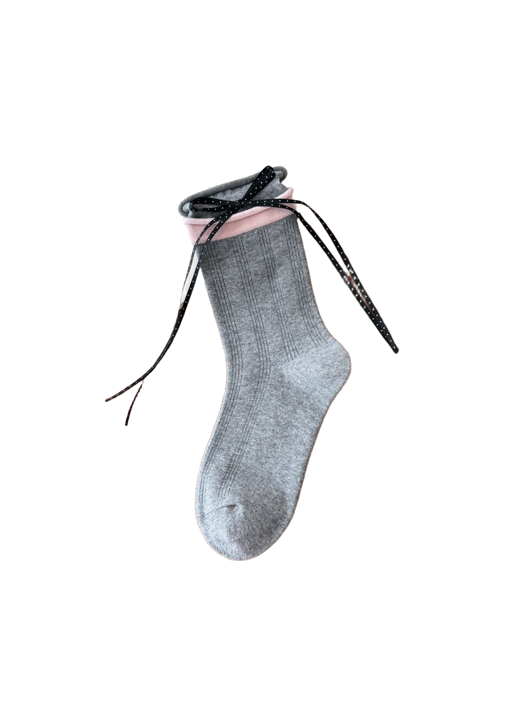 Gray ribbed crew sock with pink cuff and black polka-dot ribbon bow