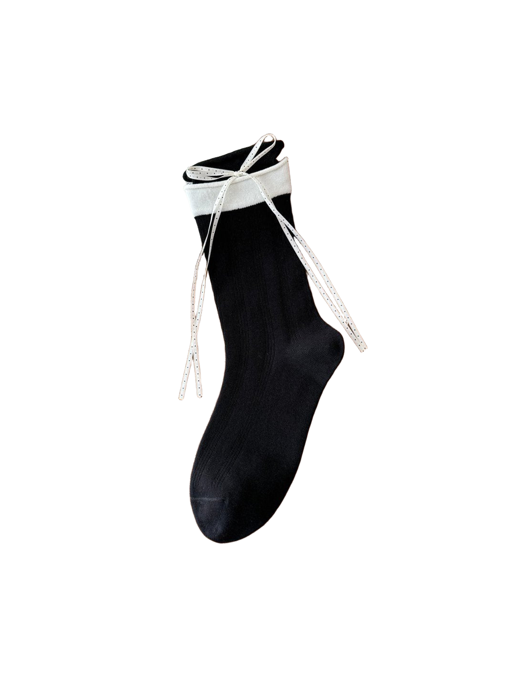 Black crew sock with white cuff and polka-dot ribbon bow