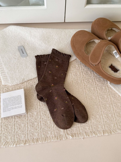 Ditsy Floral dark brown crew socks with ruffled cuffs