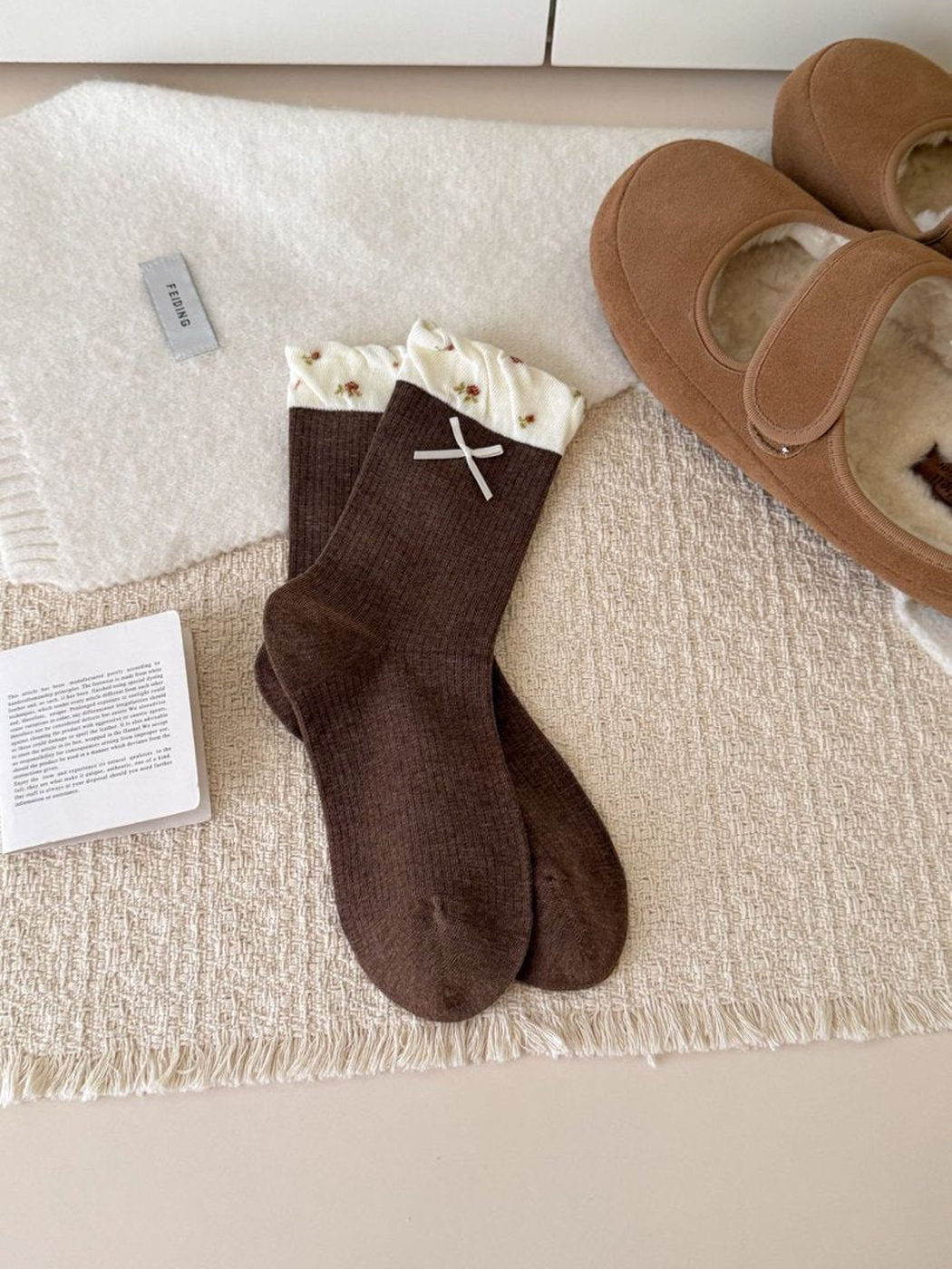 Bow dark brown crew socks with floral ruffled cuffs