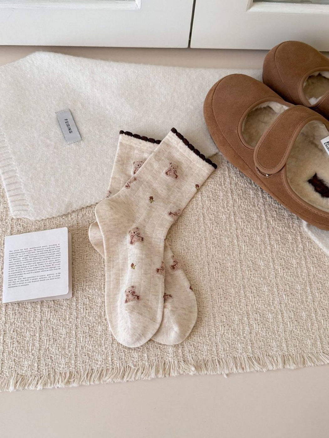 Tiny Bears beige crew socks with dark ruffled cuffs