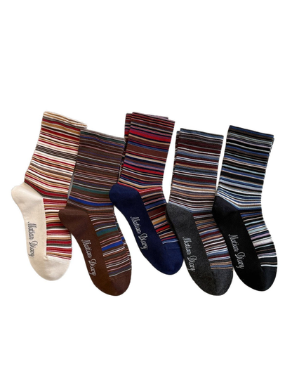 Five colors of multicolor striped crew socks displayed together