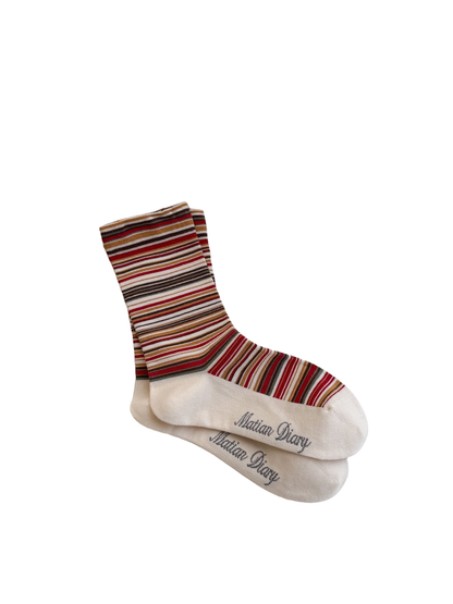 Beige multicolor striped crew socks with contrasting toe and heel